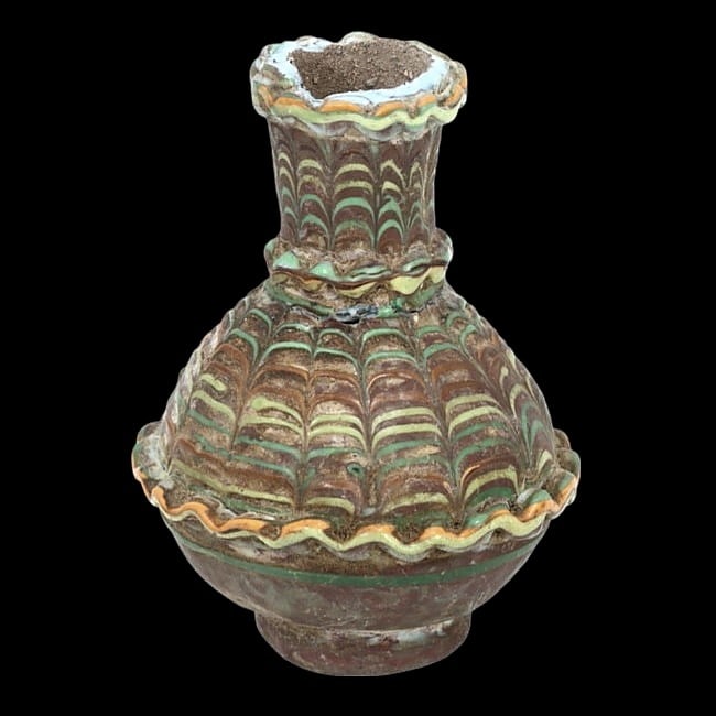 Ancient Islamic Dragged Trails Ghaznavid Mosaic Glass Flask, 10th-13th CE: Ancient Islamic Dragged Trails Ghaznavid Mosaic Glass Flask, 10th-13th CE