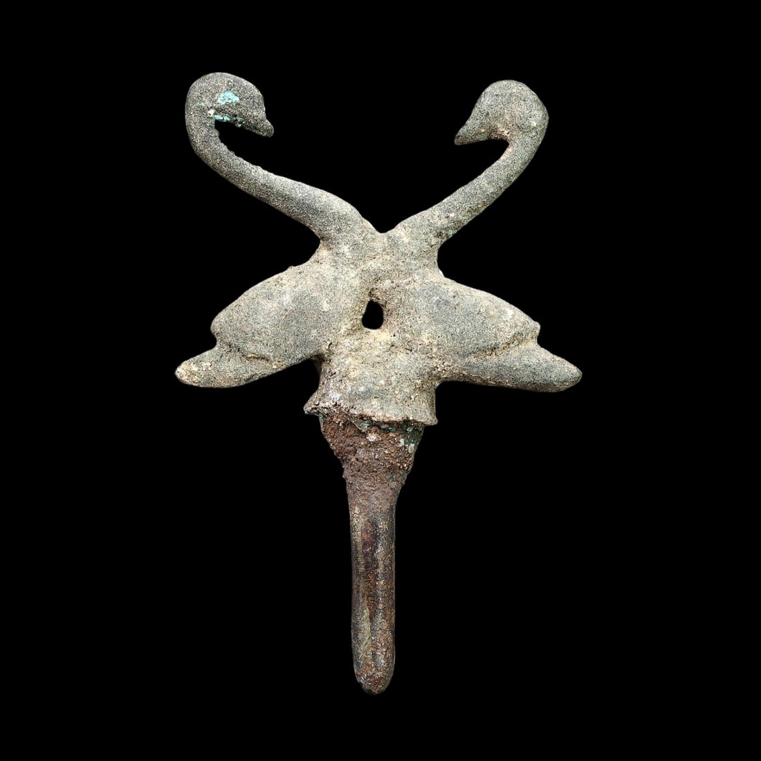 Ancient Luristan Bronze Finial with Double Bird Design, 1200-800 BCE: This exquisite bronze finial from ancient Luristan features a striking design of two stylized birds with elongated necks, indicative of the region's artistic prowess during the Early Iron Age. Dated b