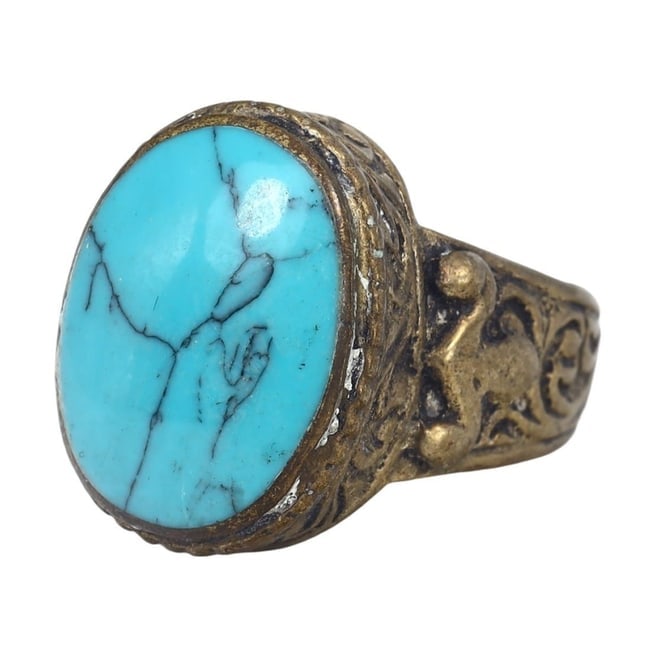 Antique Ottoman Bronze Ring with Persian Turquoise, US Size 5.5, 18th Century (1 of 2)