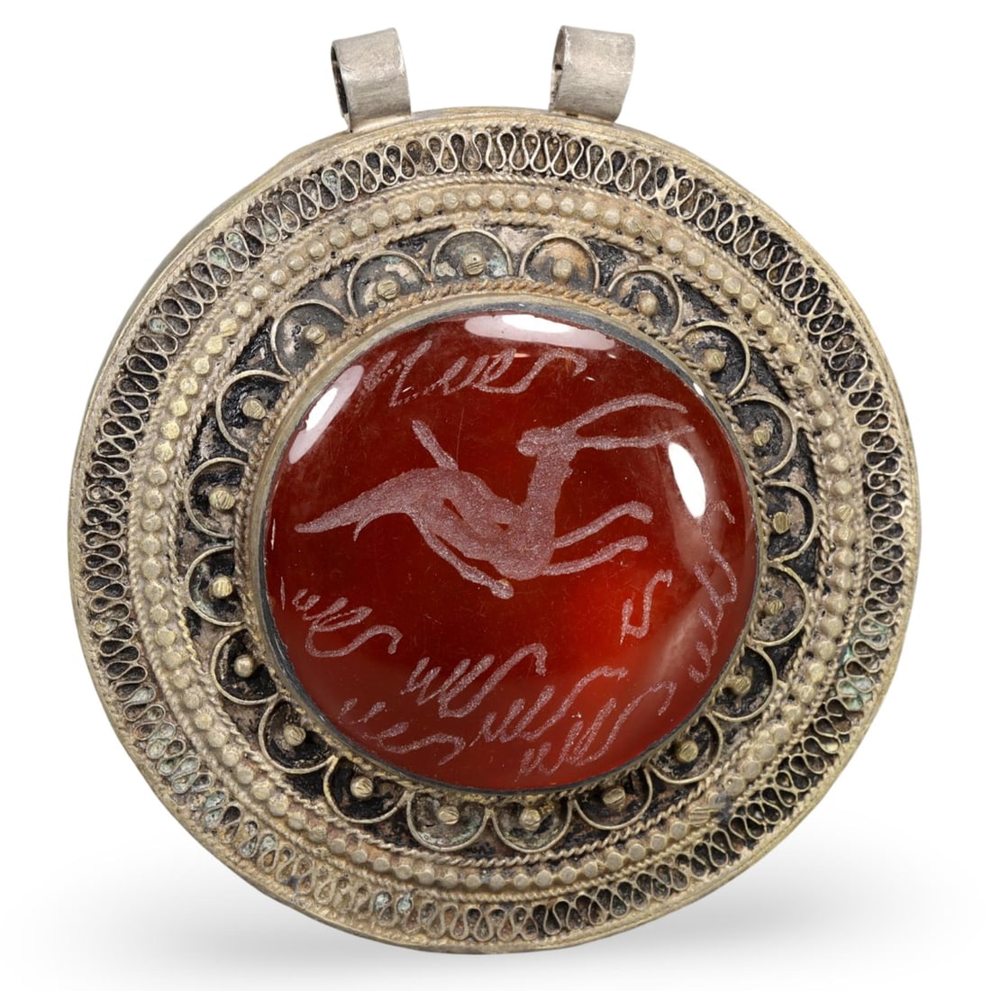 Post Medieval Qajar Dynasty Intricate Pseudo Filigree Amulet with Seal, 17th-19th Century: This intricate pseudo filigree amulet with a seal originates from the Qajar Dynasty, spanning the 17th-19th century. The Qajar Dynasty, which ruled Persia (modern-day Iran) from 1789 to 1925, is renow