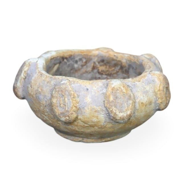 Ancient Native Mediterranean Decorated Terracotta Pottery Bowl, 1st Millennium BCE: This ancient terracotta bowl, with its intricate decorations and characteristic Mediterranean style, likely dates to the 1st Millennium BCE. This time frame aligns with the use of such pottery in the 