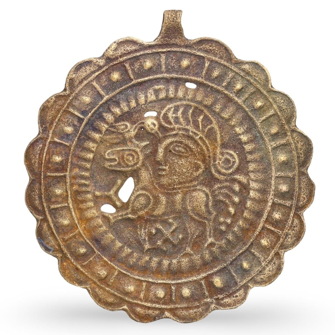 Ancient Medieval Eurasian Steppe Bronze Plaque with Mythical Decoration, 12th-15th Century: This ancient bronze plaque from the Eurasian Steppe region, dating from the 12th to 15th century, features intricate mythical decorations. Crafted from bronze, renowned for its durability and suitabil