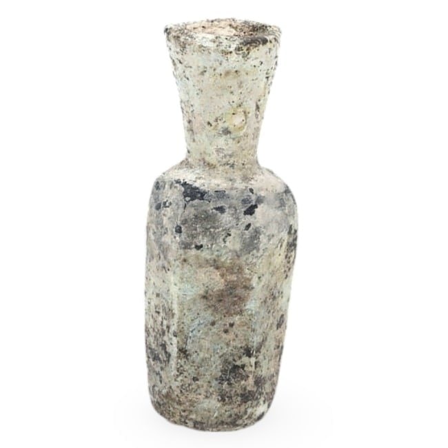 Ancient Medieval Egyptian Abbasid Dynasty Glass Bottle, 8th-9th Century AD: This glass bottle from the Abbasid Dynasty in medieval Egypt dates back to the 8th-9th century AD. Crafted from glass, it exemplifies the sophisticated glassmaking techniques of the Abbasid era. Known
