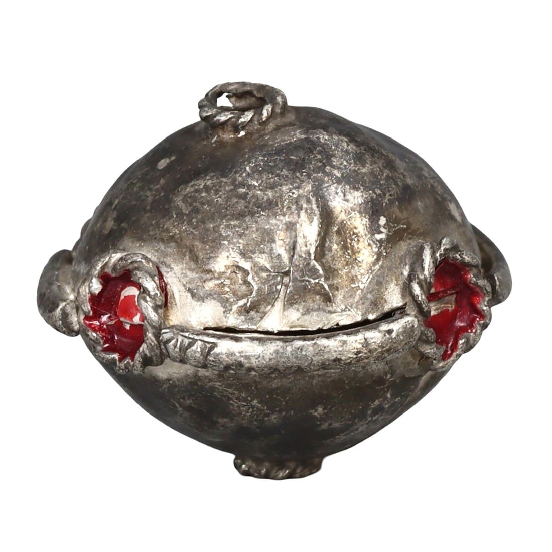 Ancient Medieval Kievan Rus Silver Bead with Gems, 12th Century: This silver pendant ornament from the Ancient Medieval period, dating back to the 9th-11th century, is a remarkable example of Viking and Celtic craftsmanship. Such pendants were often used as amulets