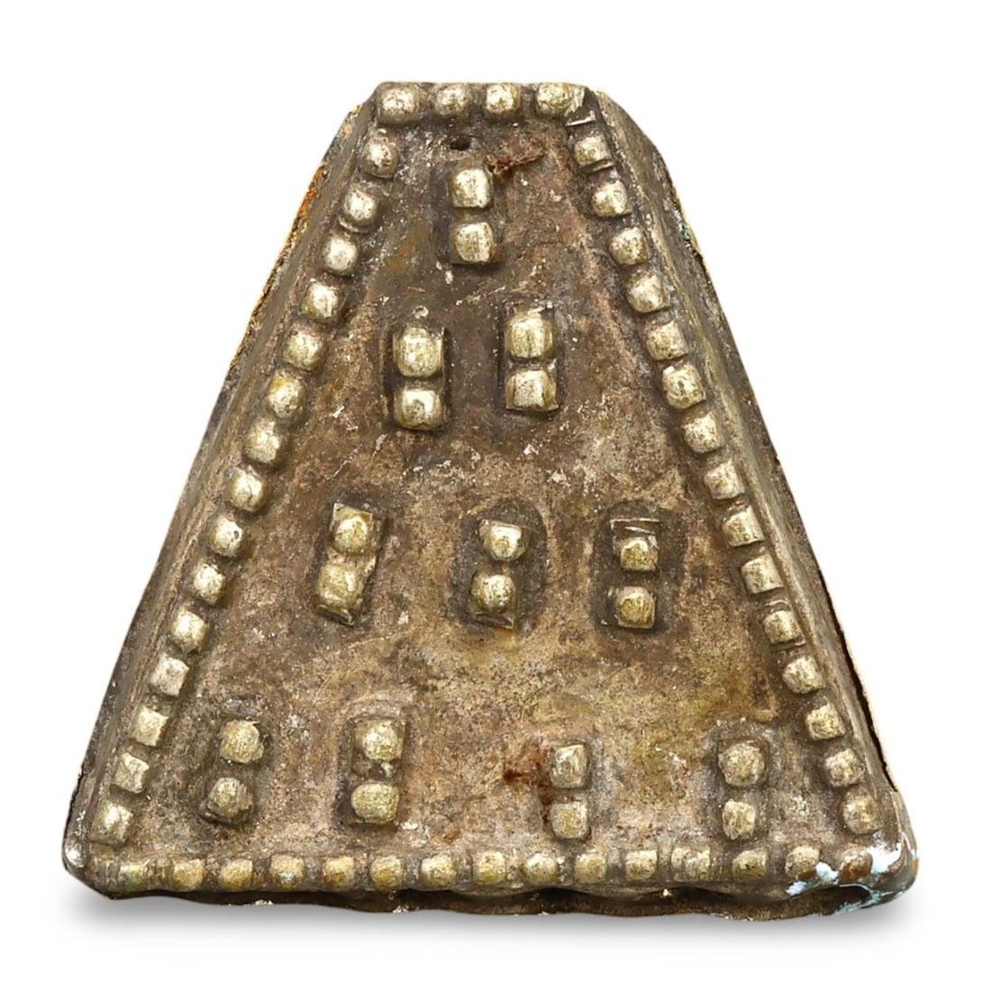 Ancient Medieval Viking / Celtic Triangular Silver Pendant Ornament, 9th-11th Century: This triangular silver pendant ornament from the Ancient Medieval period, dating back to the 9th-11th century, is a remarkable example of Viking and Celtic craftsmanship. Such pendants were often used