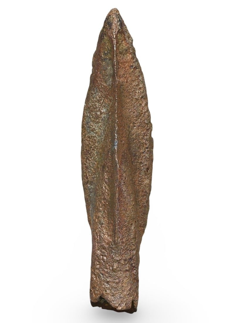 Ancient Scythian Bronze Trilobite Arrowhead, 525-330 BC: This bronze trilobite arrowhead dates back to the Scythian period between 525 and 330 BC. Known for their exceptional metallurgy and warfare techniques, the Scythians crafted these arrowheads with a d