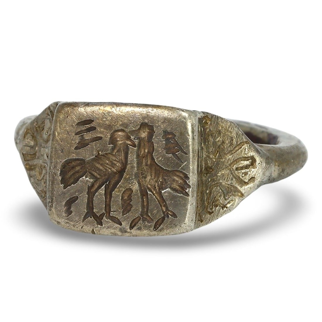 Classical Greek Hellenistic Silver Ring Engraved of Two Cockerels or Doves, 450-201 BCE (1 of 2)