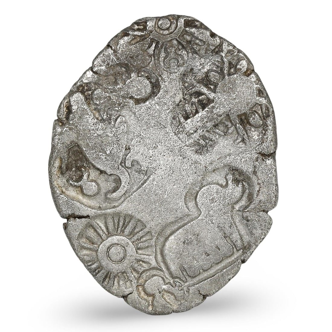 Ancient Rare Mauryan Empire Punchmarked Silver Coin, 322-185 BC: This rare punchmarked silver coin dates back to the Mauryan Empire, spanning the period from 322 to 185 BC. Weighing 2.89 grams and measuring 22x17 mm, these coins were among the earliest forms of coi