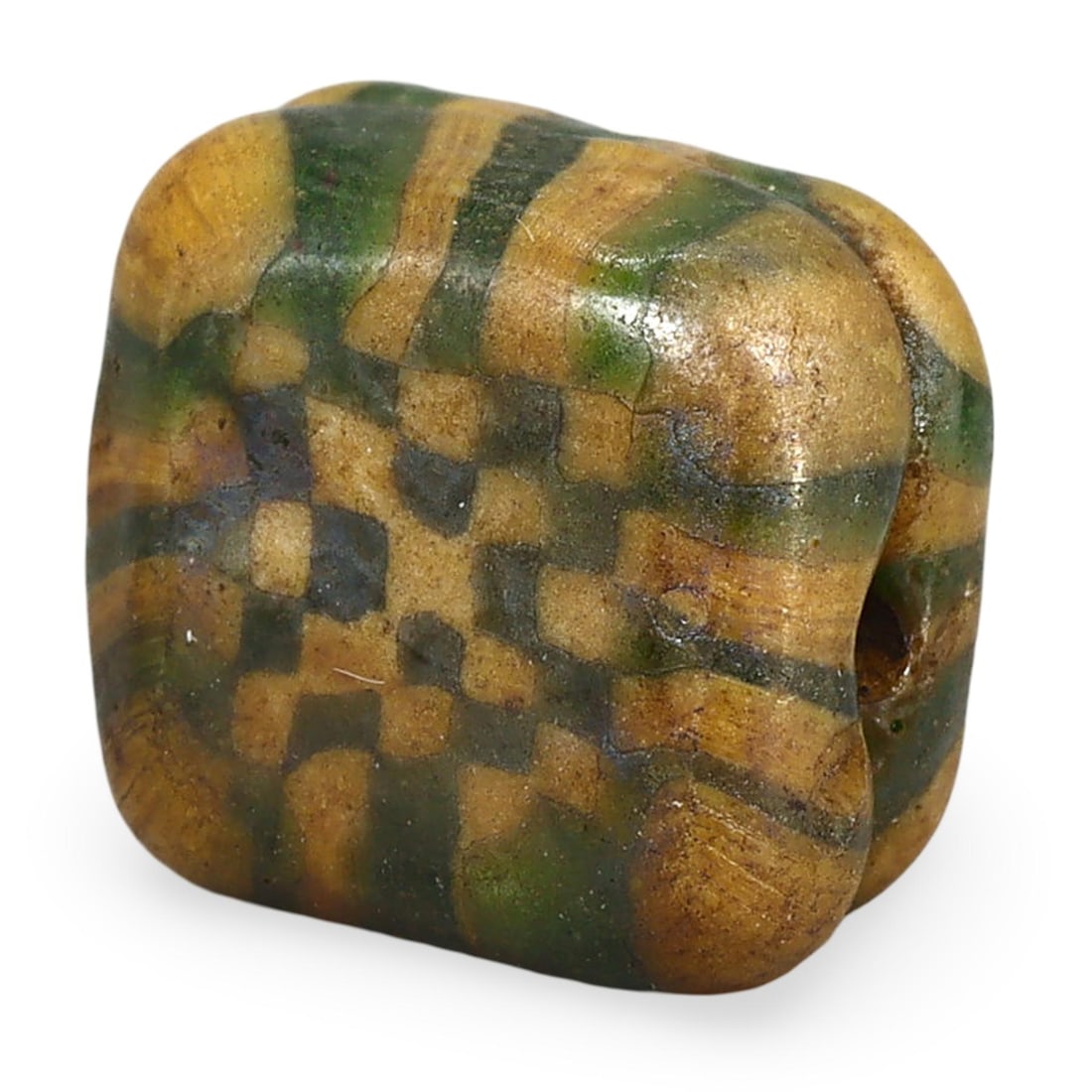 Ancient Medieval Viking Glass Bead with Checkerboard Pattern, 9th-11th Century: This ancient medieval glass bead from the Viking period, dating between the 9th and 11th century, features a distinctive checkerboard pattern. Crafted with alternating stripes and squares, this bead s