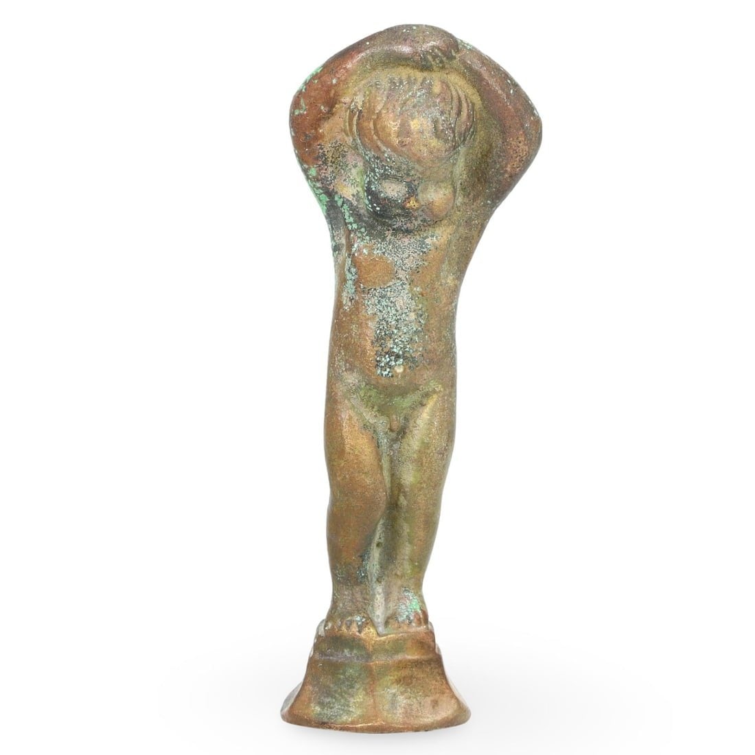Post Medieval Grand Tour Bronze Sculpture of a Standing Nude Boy with Hands Raised, 19th Century: This finely crafted Post Medieval bronze sculpture depicts a young nude boy standing with both hands gracefully raised above his head. Such representations of youthful innocence and classical beauty w