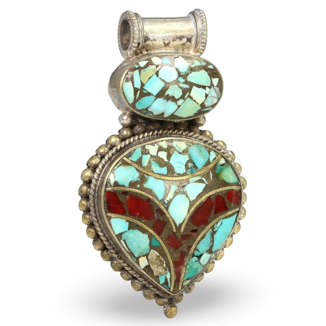 Mid Century Sino-Tibetan Silver Amulet with Gems Inlaid, Mid 20th Century (1 of 2)