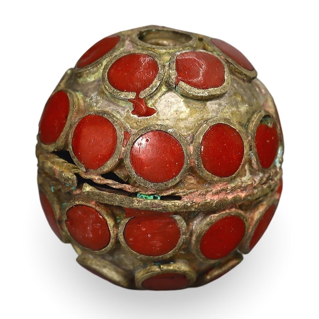 Post Medieval Qajar Dynasty Carnelian Inlaid Brass Jewelry Bead, 19th-20th Century (1 of 2)