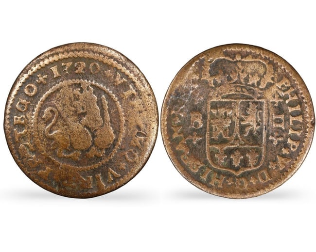 1720 Spanish Coin: 2 Maravedis of Philip V, Barcelona Mint: This 1720 2 Maravedis coin, minted during the reign of Philip V, is composed of copper alloy and has dimensions of 23x23 mm, with a weight of 3.7 grams. The obverse side features the crowned coat of a