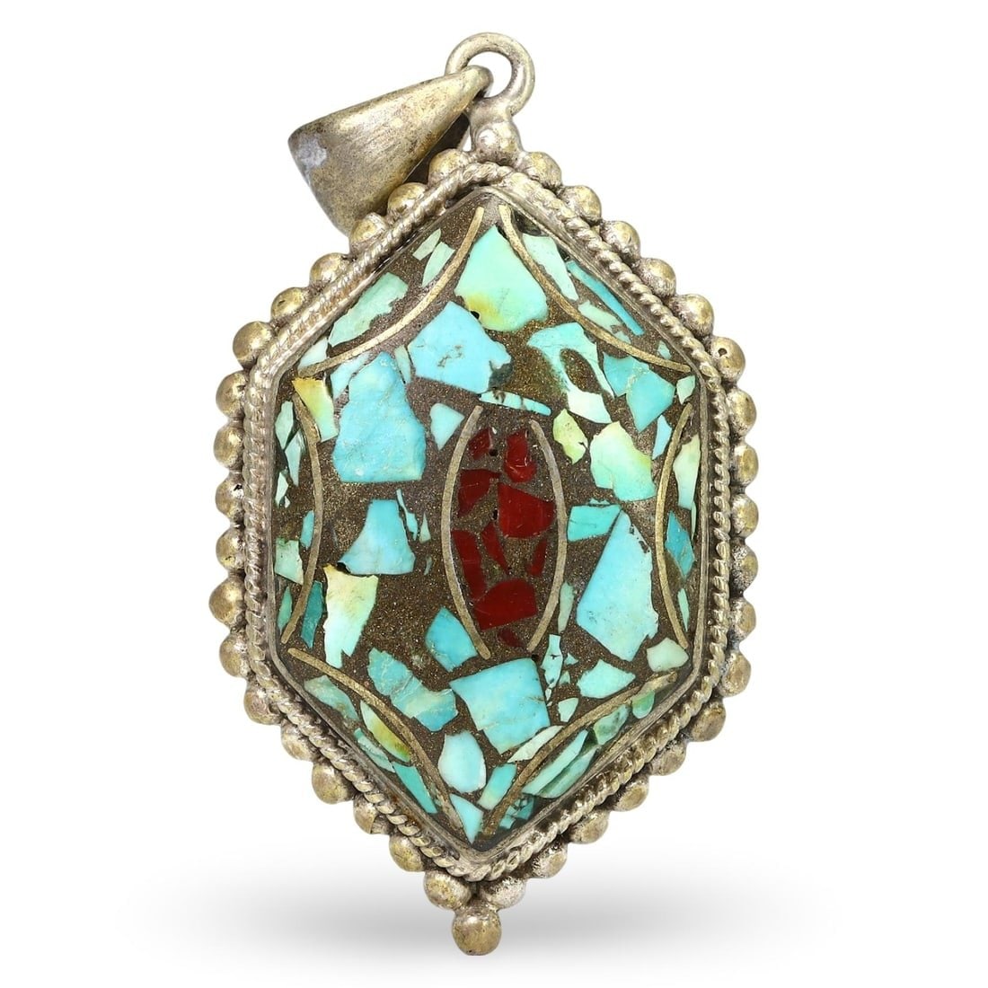 Mid Century Sino-Tibetan Silver Amulet with Gems Inlaid, Mid 20th Century (1 of 2)