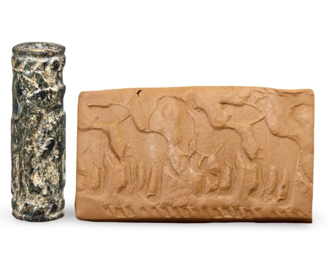 Ancient Chlorite Cylinder Seal with Animal Motif, Neo-Sumerian Period (Ur III): No reserve is set for any lot; the starting price is the basic price of the lot without reserve. We are delighted to present an extraordinary collection of jewelry and artifacts spanning various histo