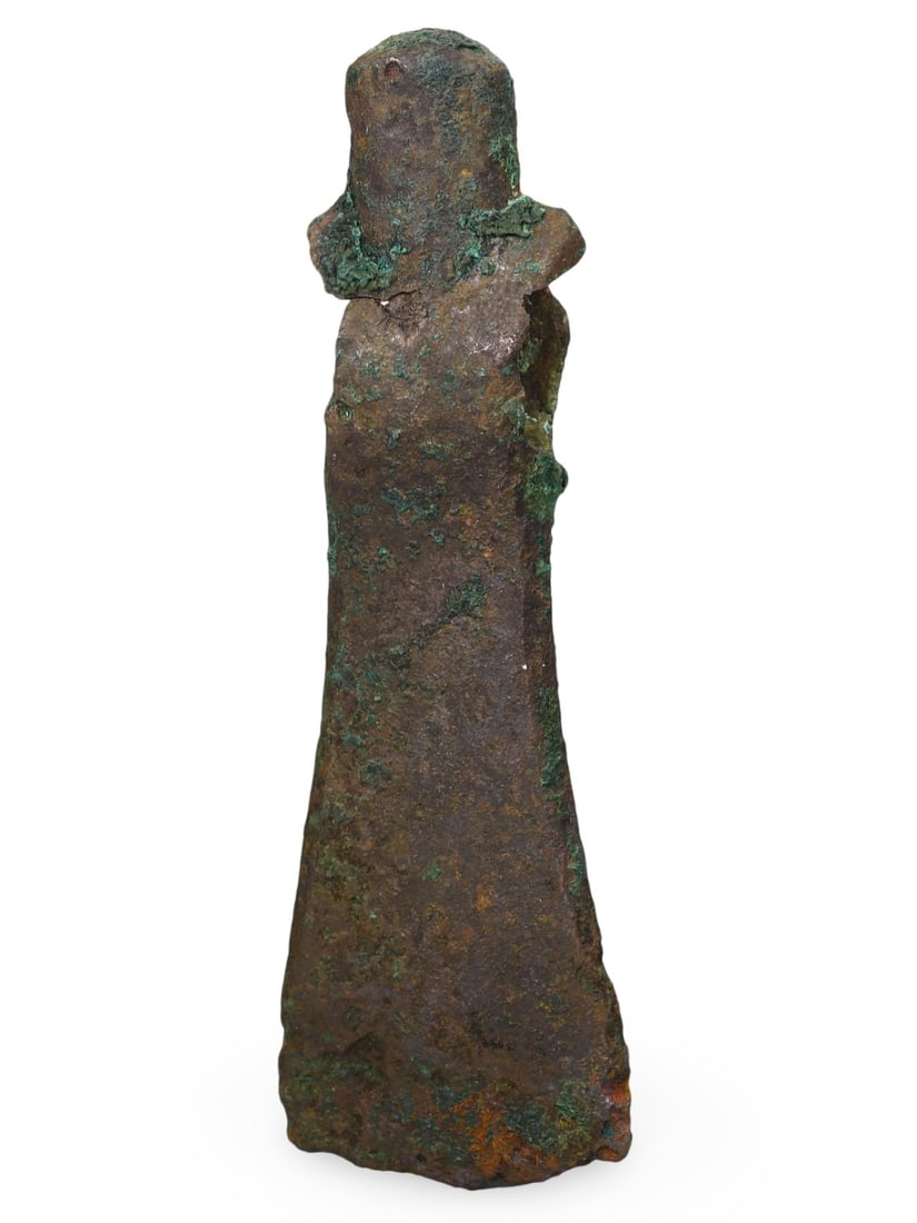 Ancient Luristan Battlefield Bronze Anthropomorphic Axe Head, c. 1000-650 BCE: This bronze anthropomorphic axe head from Ancient Luristan, dating back to c. 1000-650 BCE, has been expertly cleaned to reveal its original form and intricate details. Such axe heads were not only fu