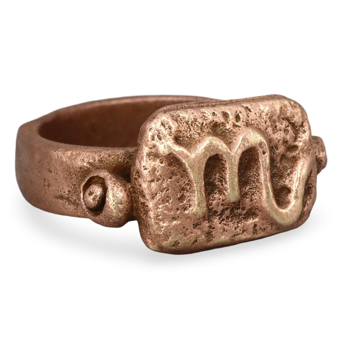 Ancient Medieval Samanid Dynasty Copper Signet Ring, 9th-10th Century: This authentic copper signet ring, dating back to the 9th-10th century, is a remarkable artifact from the Samanid Dynasty. The ring features an inscription resembling the Islamic alphabet letter "m," 