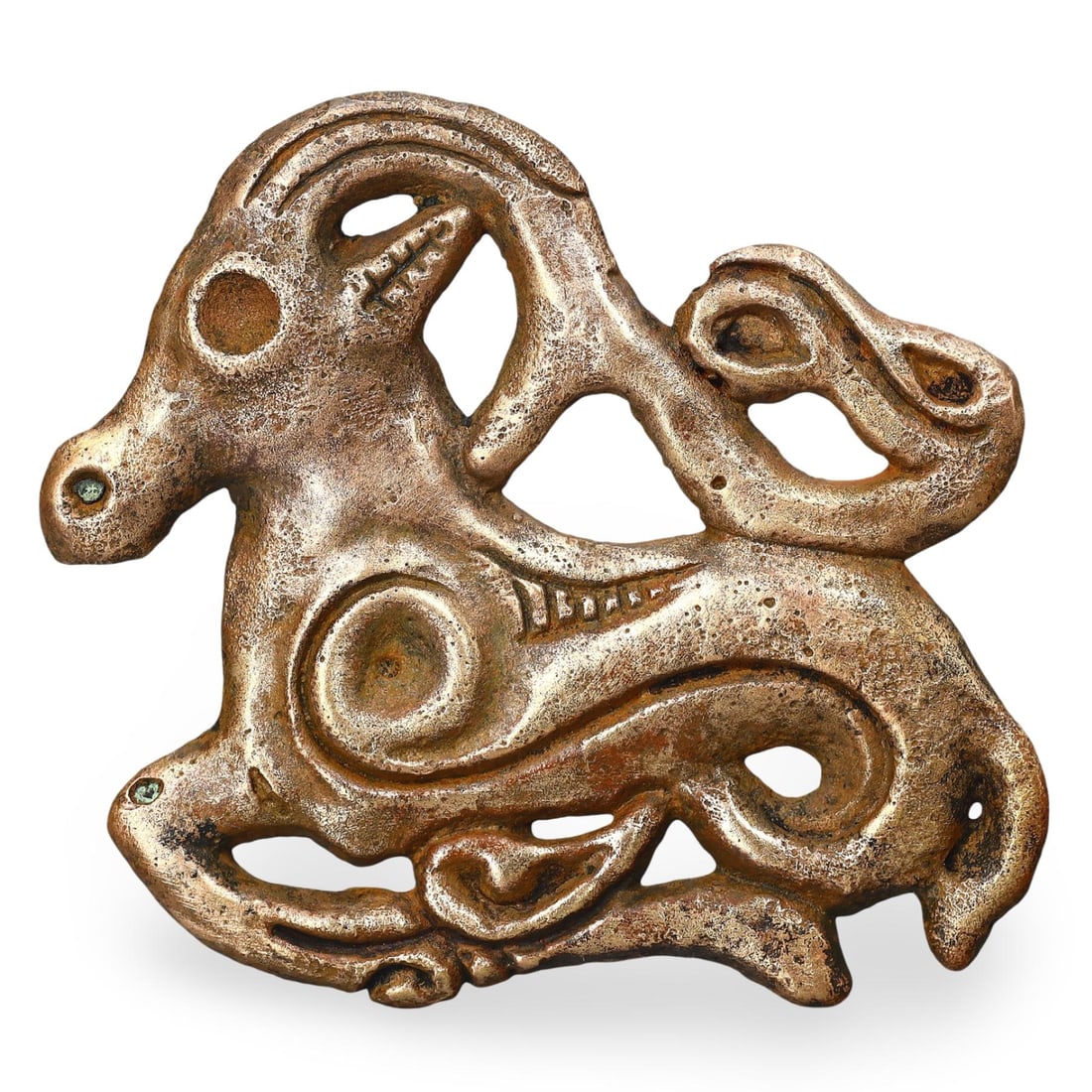 Ancient Medieval Sino-Mongol Bronze Gazelle Plaque, 12th-15th Century: This ancient bronze plaque, dating back to the 12th-15th century, is a remarkable artifact from the Sino-Mongol period, believed to be made during the Mongol Empire. The plaque features an intricately