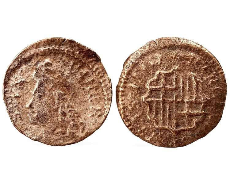 Ancient Medieval Spanish Coin of Carlos III Pretender, Barcelona Mint, 18th Century: This Ancient Medieval Spanish coin of Carlos III Pretender, minted in Barcelona, weighs 0.65g. The coin dates back to the period of Carlos III's claim to the Spanish throne, reflecting a turbulent cha