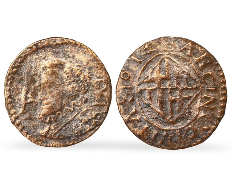 Medieval Spanish Coin, Ardite of Philip III, Principality of Catalonia, 1612-1621: This ancient medieval Spanish coin, known as an Ardite, was issued by the Principality of Catalonia during the reign of Philip III (1598-1621). Minted between 1612 and 1621, this copper coin measures 