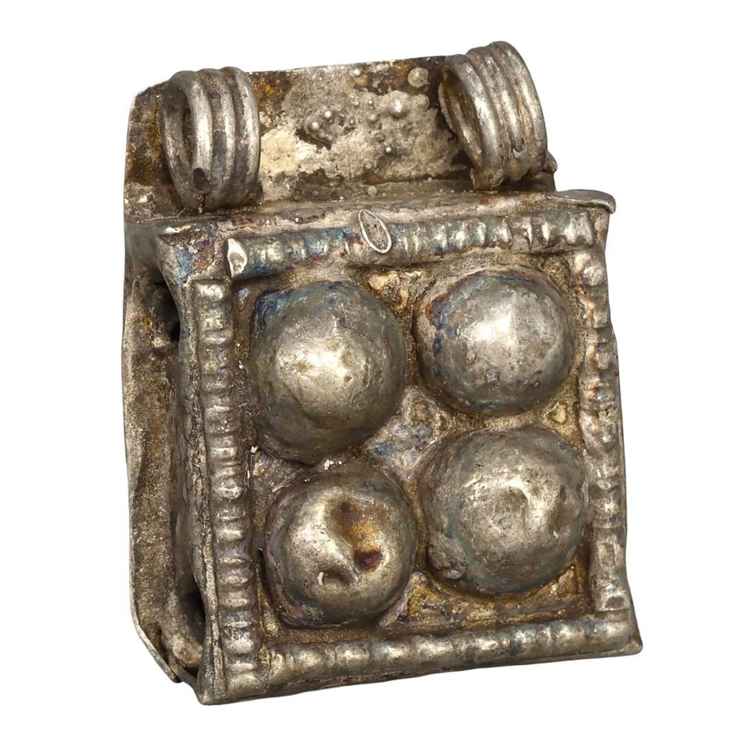 Ancient Medieval Viking / Celtic Silver Pendant Ornament, 9th-11th Century: This silver pendant ornament from the Ancient Medieval period, dating back to the 9th-11th century, is a remarkable example of Viking and Celtic craftsmanship. Such pendants were often used as amulets