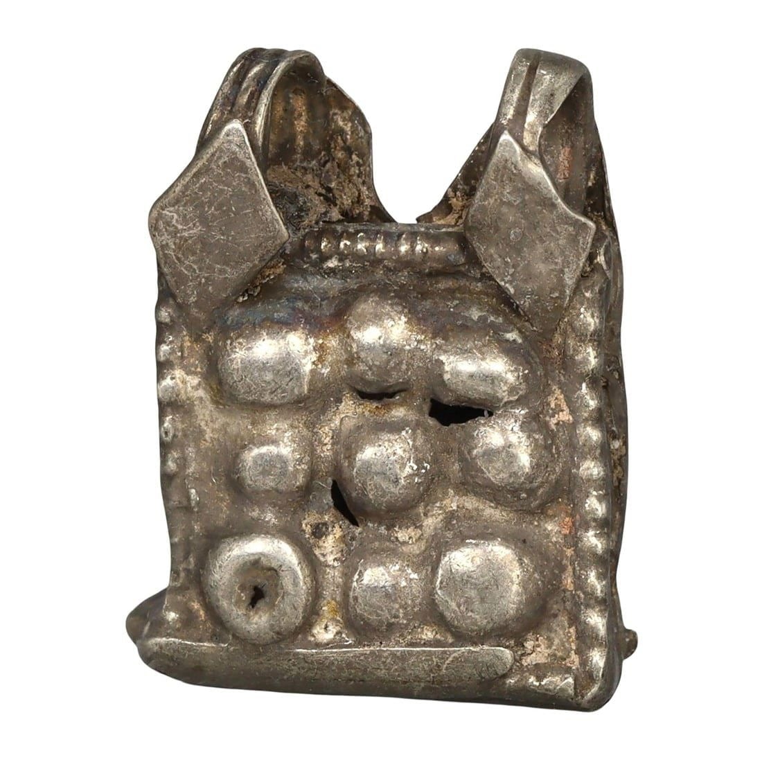 Ancient Medieval Viking / Celtic Silver Pendant Ornament, 9th-11th Century: This silver pendant ornament from the Ancient Medieval period, dating back to the 9th-11th century, is a remarkable example of Viking and Celtic craftsmanship. Such pendants were often used as amulets