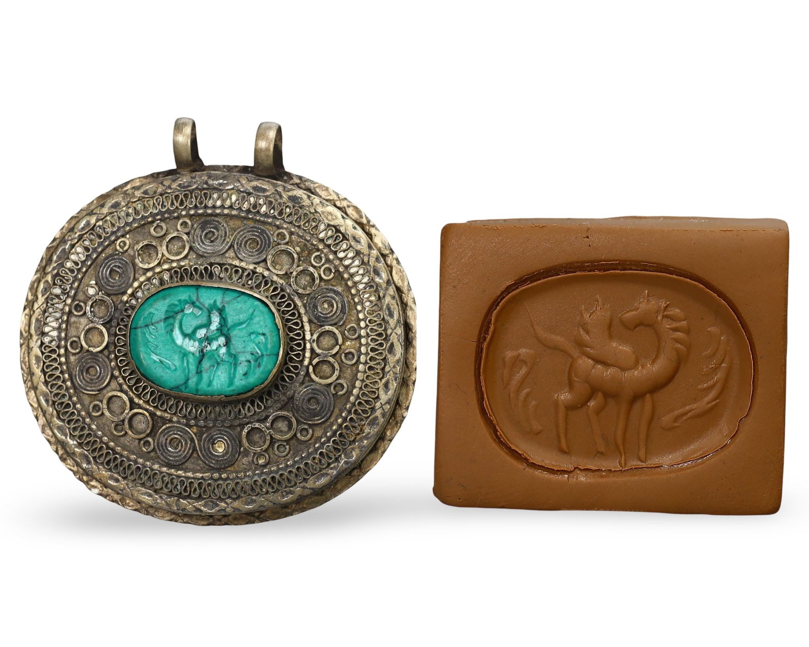 Post Medieval Qajar Dynasty Intricate Pseudo Filigree Amulet with Seal, 17th-19th Century: This intricate pseudo filigree amulet with a seal originates from the Qajar Dynasty, spanning the 17th-19th century. The Qajar Dynasty, which ruled Persia (modern-day Iran) from 1789 to 1925, is renow