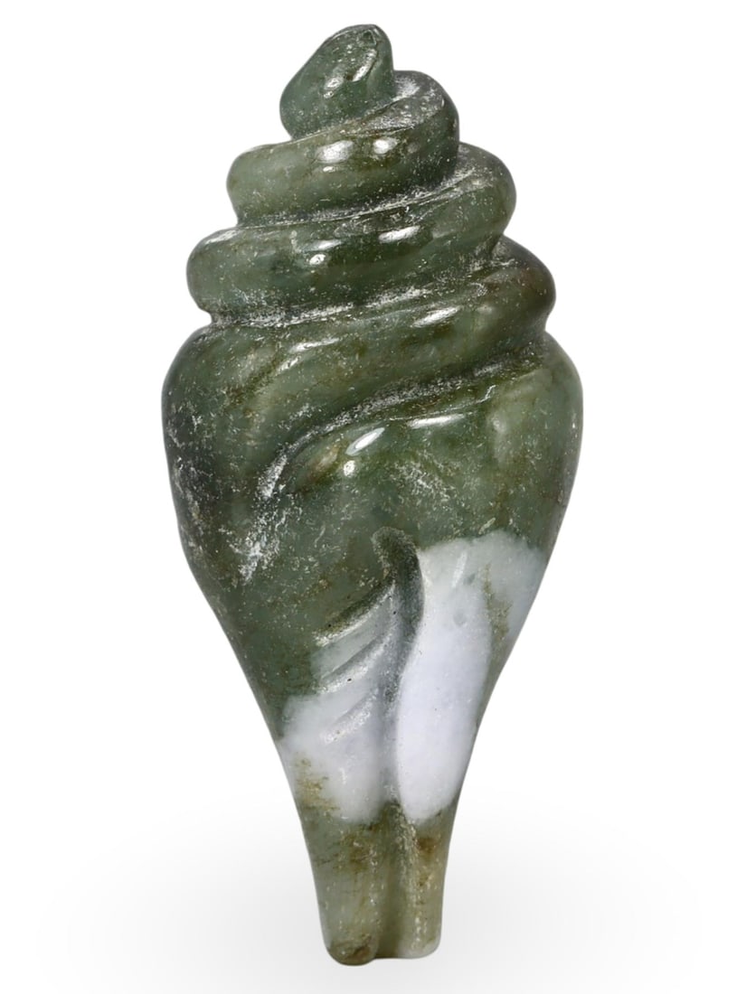 Post Medieval Tibetan-Burmese Jadeite Jade Conch Shell Amulet, 19th-20th Century: This exquisite amulet, crafted from jadeite jade, dates back to the Post Medieval period, specifically between the 19th and 20th centuries. Originating from the Tibetan-Burmese region, the amulet is i