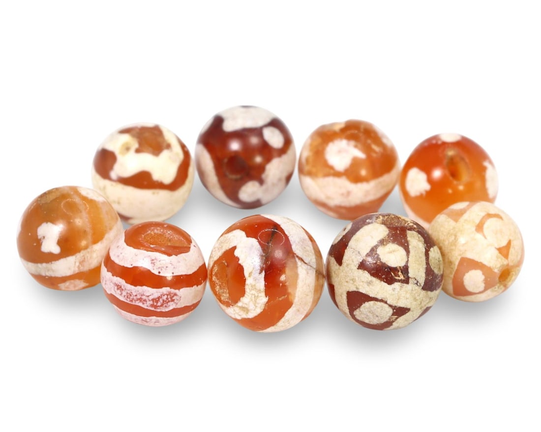 Lot of 9 Ancient Medieval Pagan Period Pyu Etched Carnelian Bead, 9th-13th Century (1 of 1)