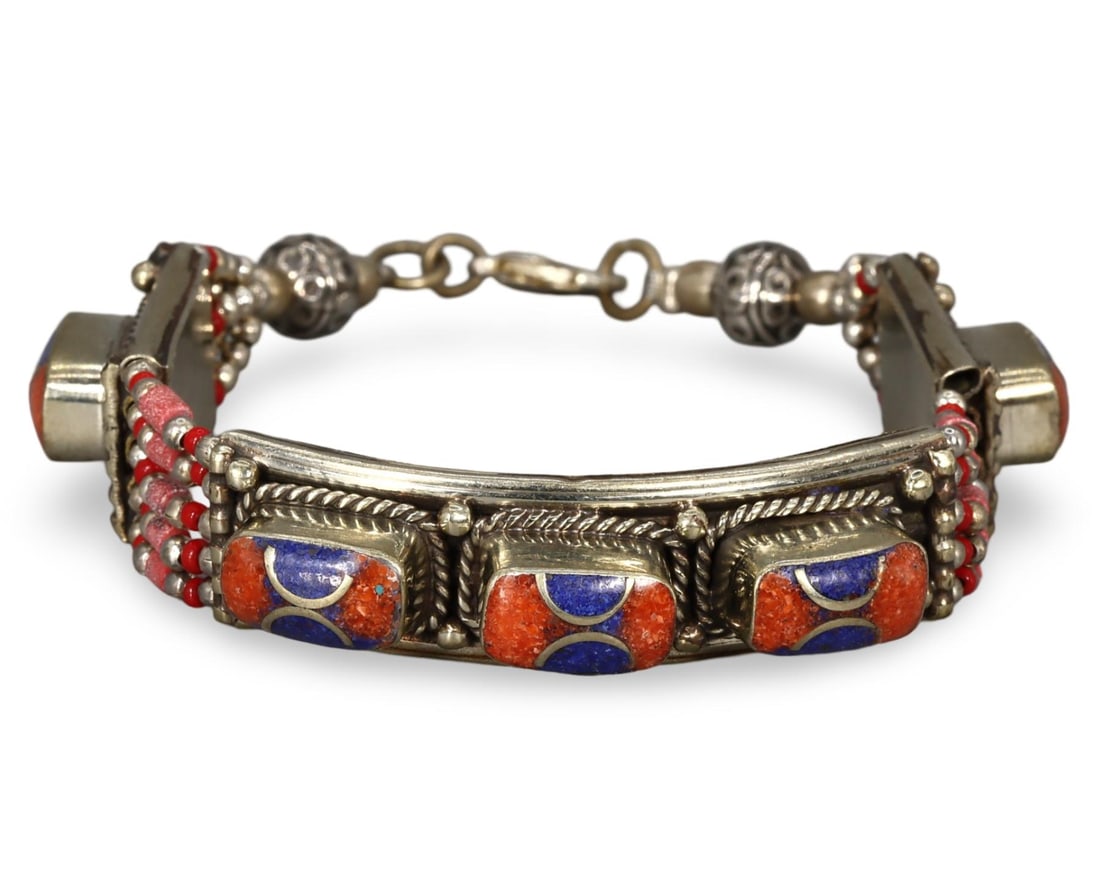 Post Medieval Sino-Tibetan Colored Inlaid Silver Bracelet, 20th Century (1 of 2)