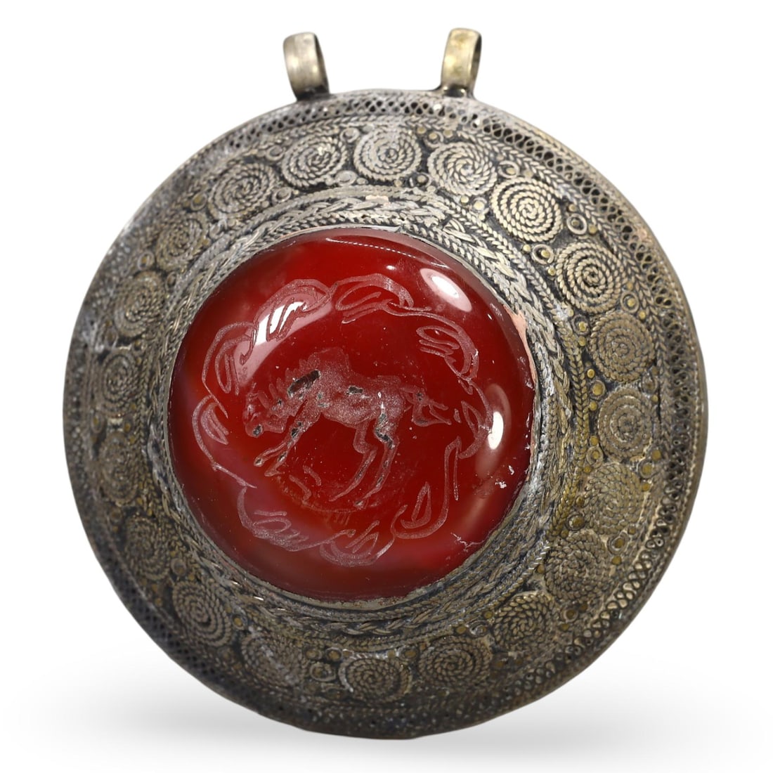 Post Medieval Qajar Dynasty Intricate Pseudo Filigree Amulet with Seal, 17th-19th Century: This intricate pseudo filigree amulet with a seal originates from the Qajar Dynasty, spanning the 17th-19th century. The Qajar Dynasty, which ruled Persia (modern-day Iran) from 1789 to 1925, is renow