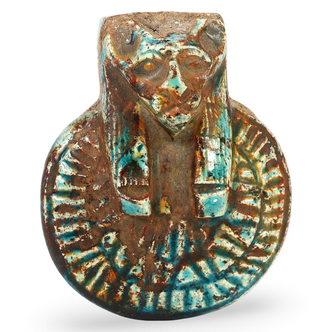 Post Medieval Egyptian Grand Tour Glazed Steatite Amulet, 19th Century: This Post Medieval Egyptian Grand Tour amulet from the 19th century is crafted from glazed steatite, showcasing the era's fascination with ancient Egyptian artifacts. During the 19th century, affluent