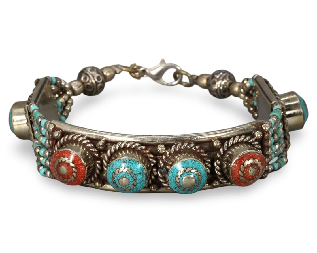 Post Medieval Sino-Tibetan Colored Inlaid Silver Bracelet, 20th Century (1 of 2)