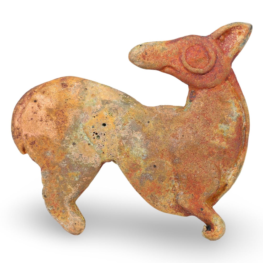 Ancient Middle Medieval Sino-Mongolian Deer Bronze Belt Buckle, 11th-13th Century: This Ancient Bronze Belt Buckle, dating from the 11th to 13th century, originates from the Sino-Mongolian culture. Crafted in the form of a deer, this buckle exemplifies the artistic and metalworking 