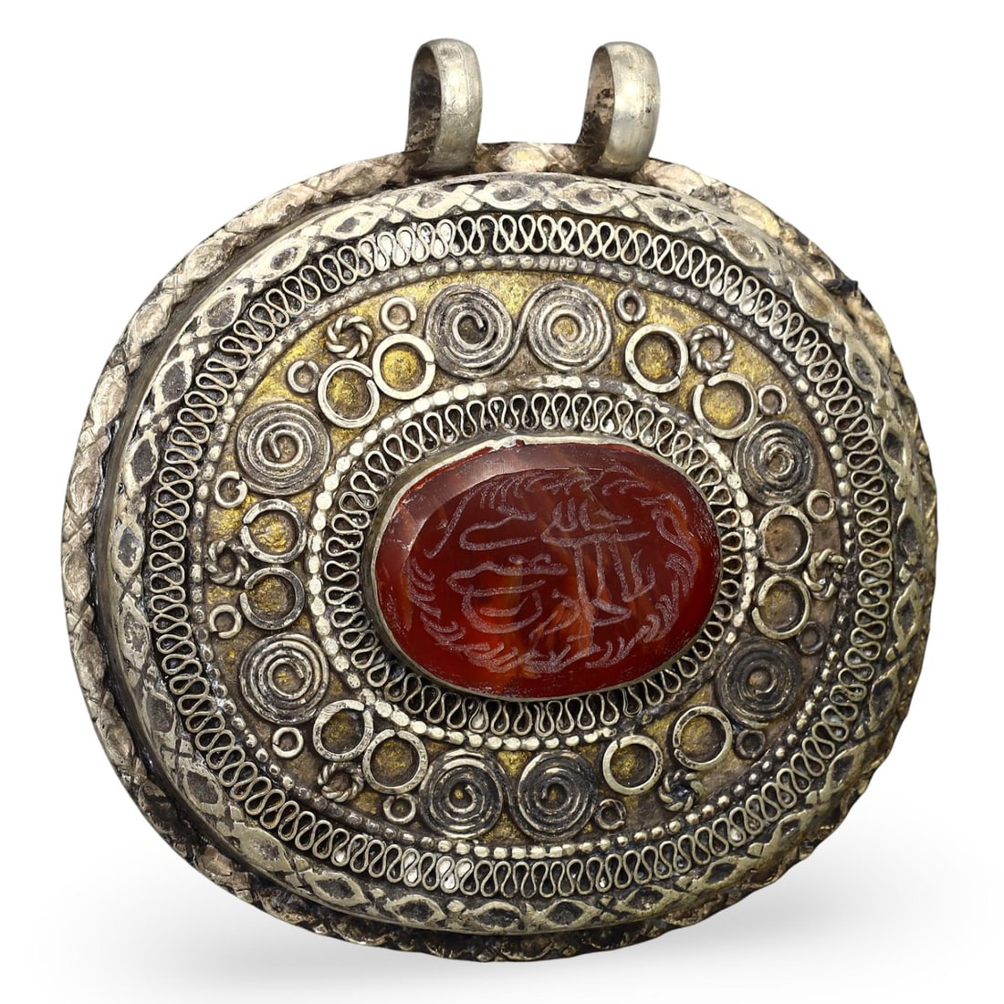 Post Medieval Qajar Dynasty Intricate Pseudo Filigree Amulet with Seal, 17th-19th Century: This intricate pseudo filigree amulet with a seal originates from the Qajar Dynasty, spanning the 17th-19th century. The Qajar Dynasty, which ruled Persia (modern-day Iran) from 1789 to 1925, is renow