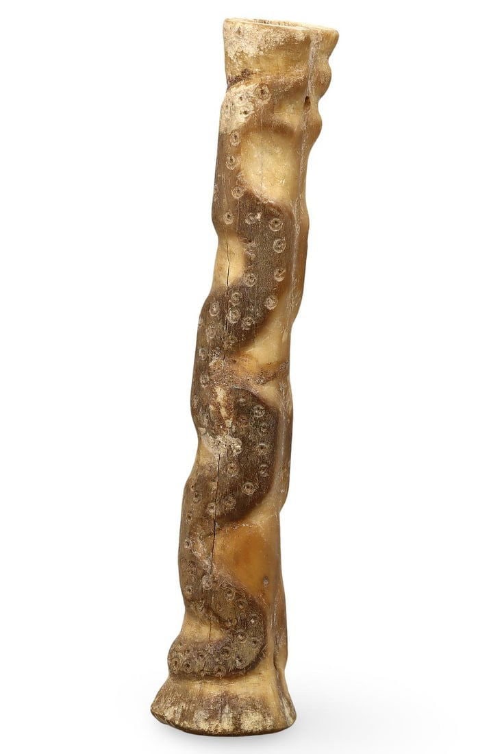 Ancient Byzantine Bone Finial of Priest with Snake Motif, 4th-7th Century CE: This fascinating bone finial, dating back to the Byzantine period between the 4th and 7th centuries CE, is intricately carved with a snake motif, reflecting the rich symbolic artistry of the time. The