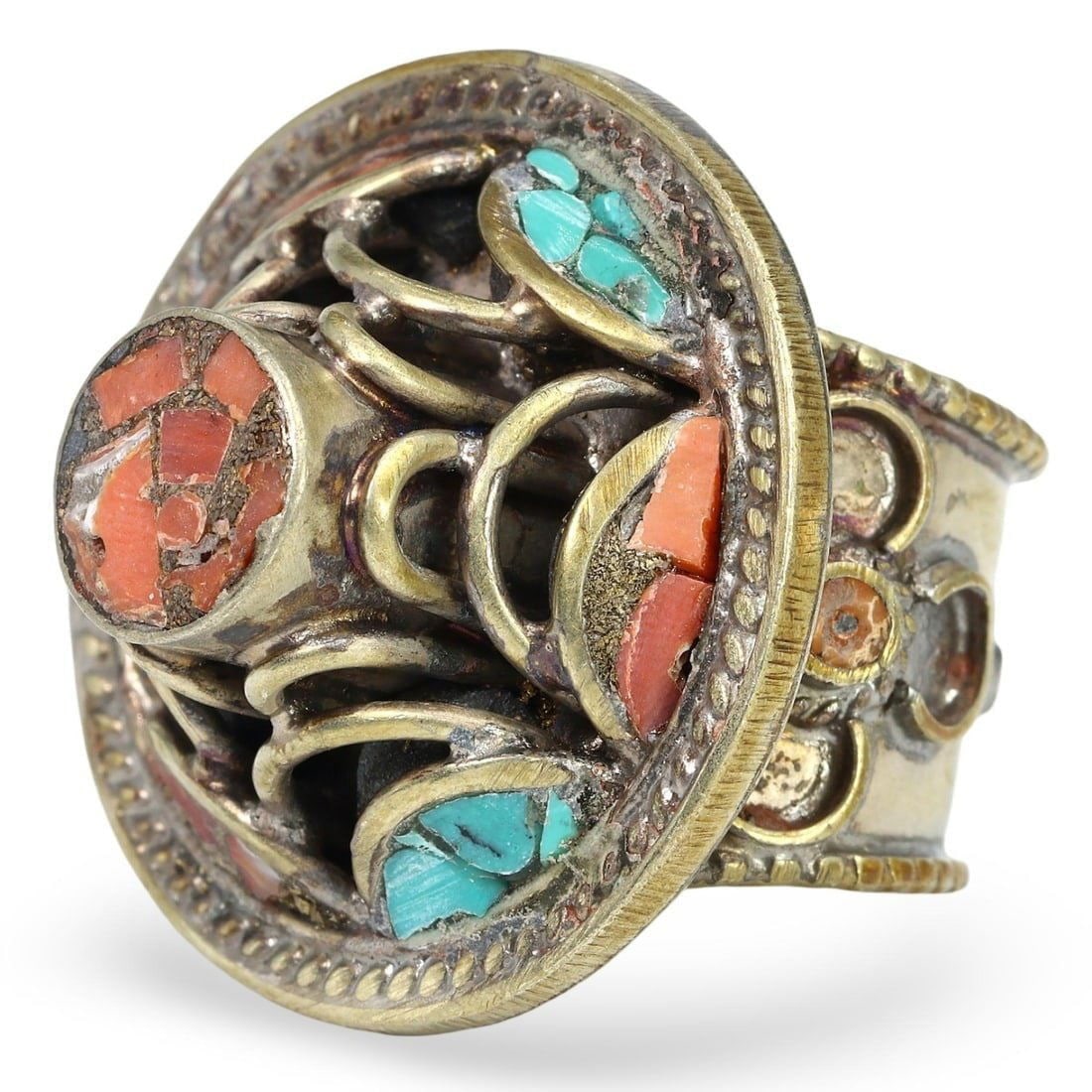 Post Medieval Sino-Tibetan Silver Gilt Ring with Turquoise and Coral Inlay, 19th-20th Century (1 of 3)