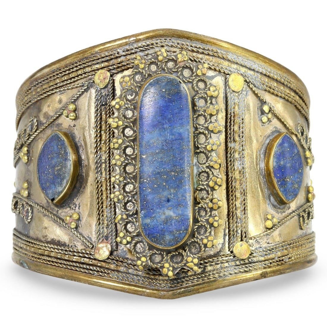 Post Medieval Qajar Dynasty Silver Cuff Bracelet with Lapis Lazuli Gems, 18th-20th Century (1 of 2)