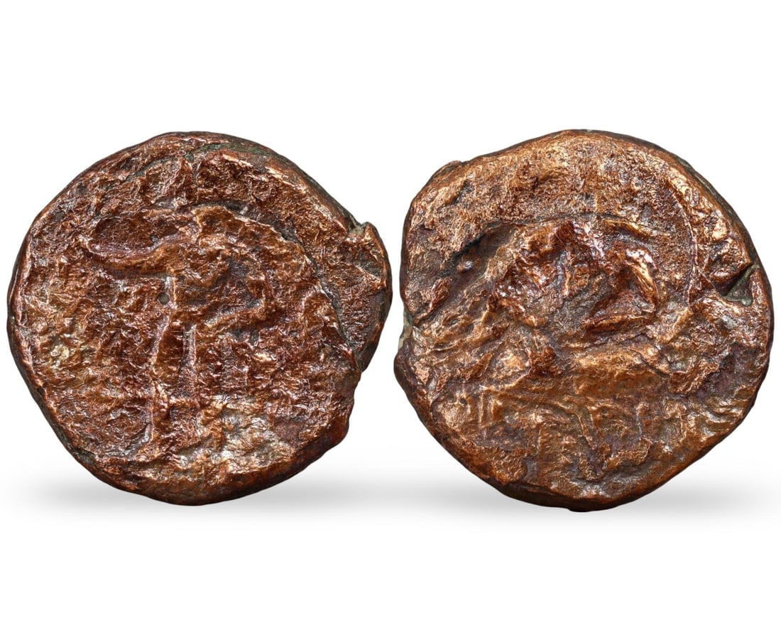 Ancient Indo-Scythian Kingdom King Azes II Victory Pentachalkon Coin, 35 BC - 5 AD: This Ancient Indo-Scythian Kingdom King Azes II Victory Pentachalkon Coin, dating from 35 BC - 5 AD, offers a unique glimpse into the numismatic history and cultural significance of the Indo-Scythian