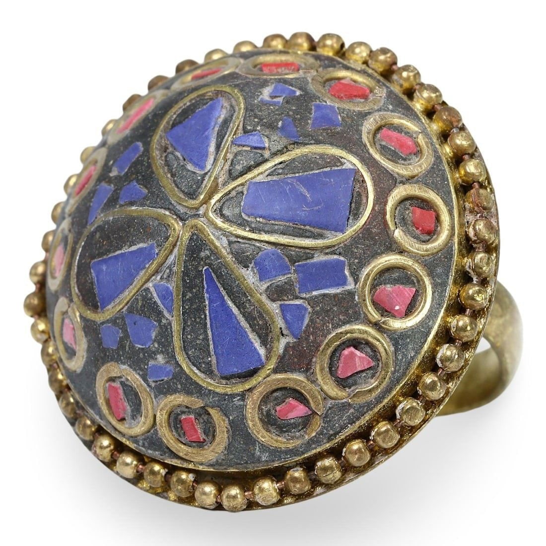 Tribal Tibetan and Symmetrical Boho Style Silver-Gilt Ring, 20th Century: This ring, embodying Tribal Tibetan and Boho style, is crafted from silver-gilt and features a symmetrical enamel and stone inlay method. Dating back to the 20th century, such rings were typically wor