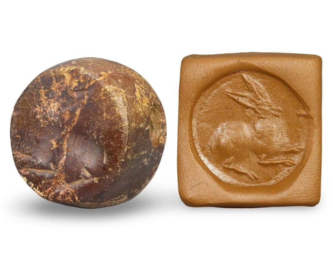 Ancient Sasanian Hemispherical Stamp Seal Engraved with Hare Motif, 3rd-7th Century AD: This hemispherical stamp seal from the ancient Sasanian Empire is intricately engraved with a hare motif. Dating back to the 3rd-7th century AD, during the zenith of the Sasanian period, such seals we