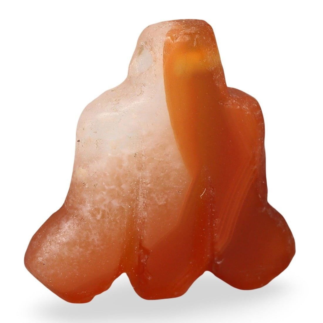 Ancient Coptic Egyptian Carnelian Carved Fly Amulet Bead, 4th-7th Century: This ancient amulet bead from Coptic Egypt, dating from the 4th to 7th century CE, is intricately carved from carnelian into the shape of a fly. Known for its protective properties in ancient Egyptian