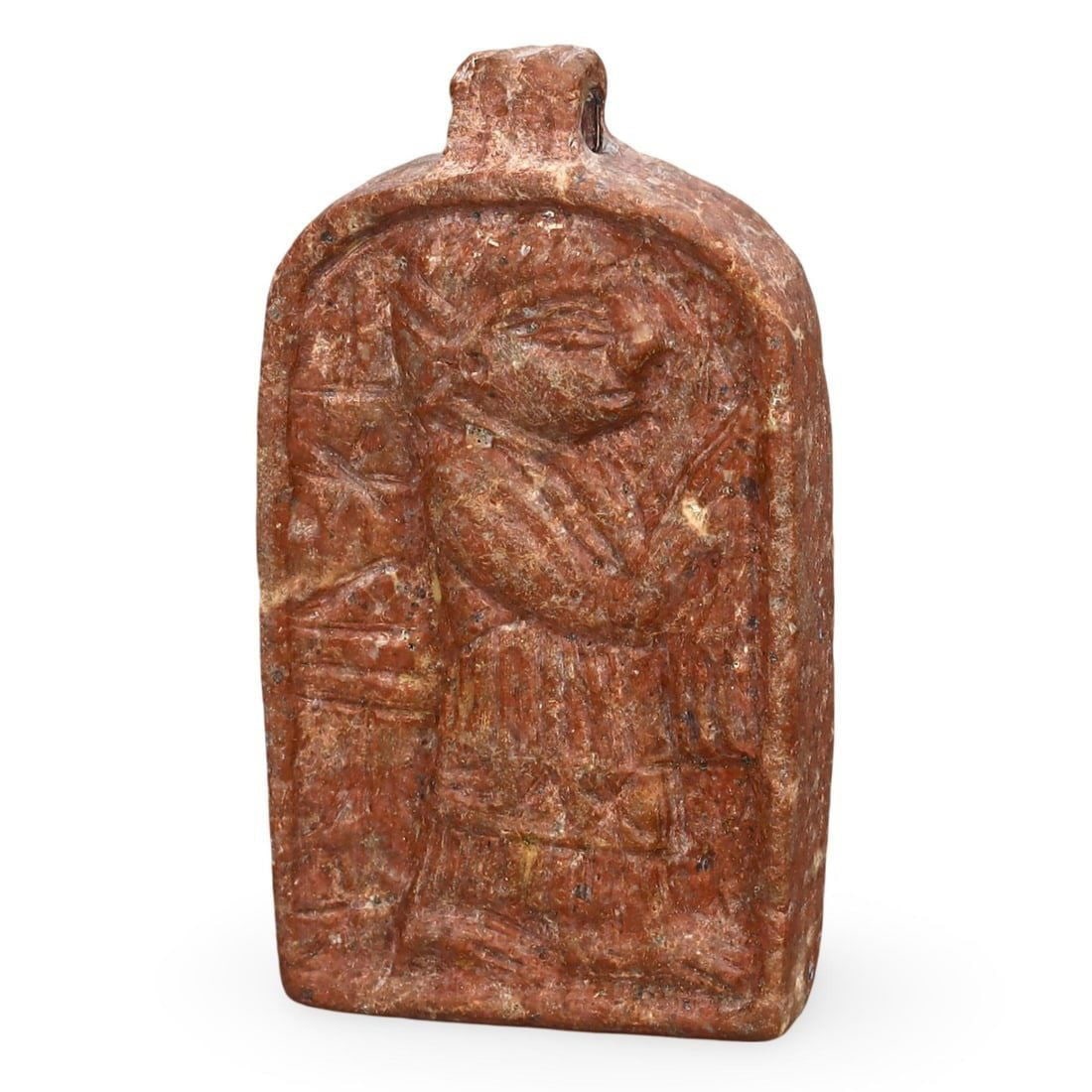 Post Medieval Ottoman Dynasty Votive Intaglio Amulet Pendant, 18th-20th Century: This votive intaglio amulet pendant from the Post Medieval Ottoman Dynasty dates back to the 18th-20th century. Crafted from a robust material, likely terracotta or stone, the pendant features an intr