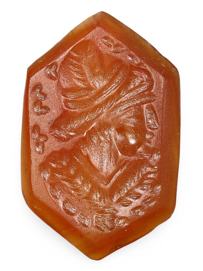 Authentic Ancient Sassanid Empire Shield Shaped Carnelian Intaglio, 3rd-7th Century: This Authentic Ancient Sassanid Empire Shield Shaped Carnelian Intaglio, dating from the 3rd-7th century, is a remarkable example of the intricate gemstone engraving techniques practiced during the Sa