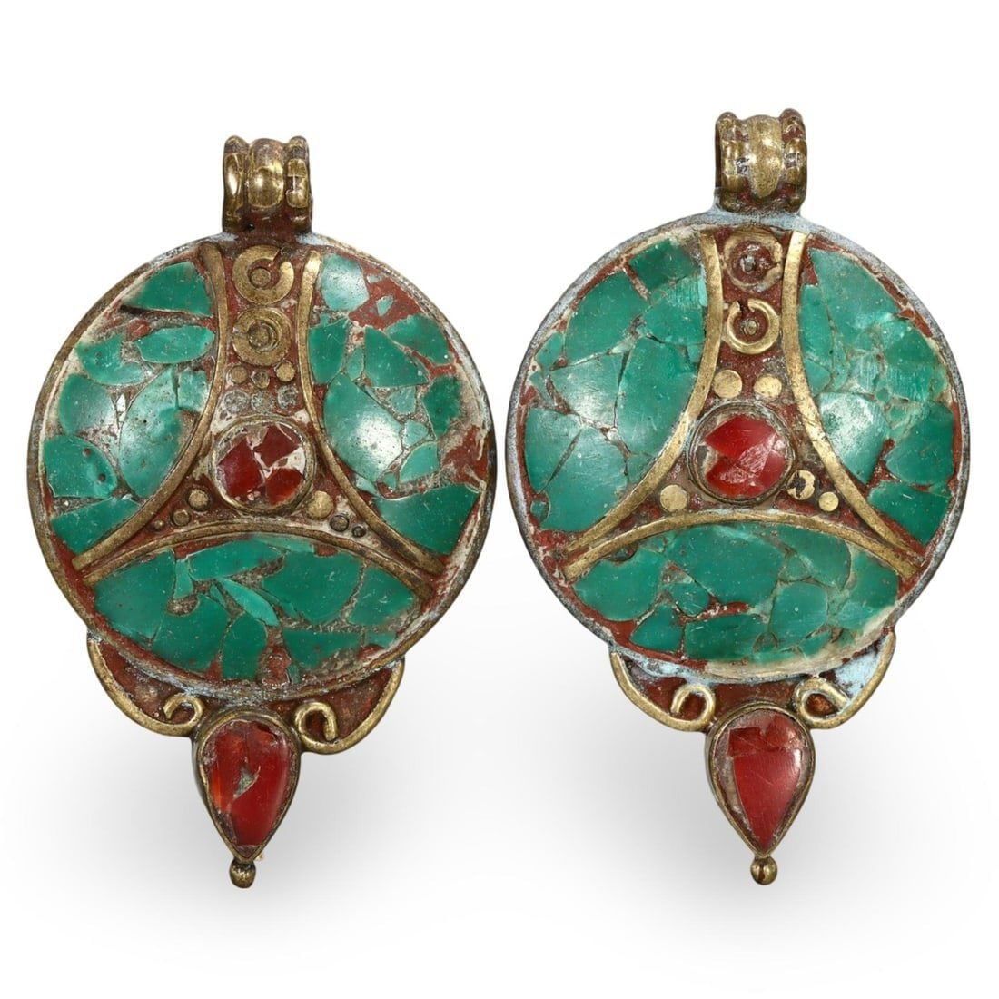 Post Medieval Nepalese Brass Pendants Inlaid with Malachite and Carnelian, 18th-19th Century (1 of 2)