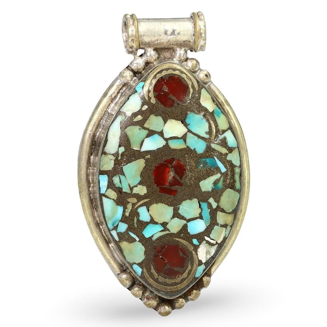 Mid Century Sino-Tibetan Silver Amulet with Gems Inlaid, Mid 20th Century: This silver amulet from the mid 20th century originates from the Sino-Tibetan region and is intricately inlaid with vibrant gems. Crafted with exceptional detail, this amulet reflects the rich cultura