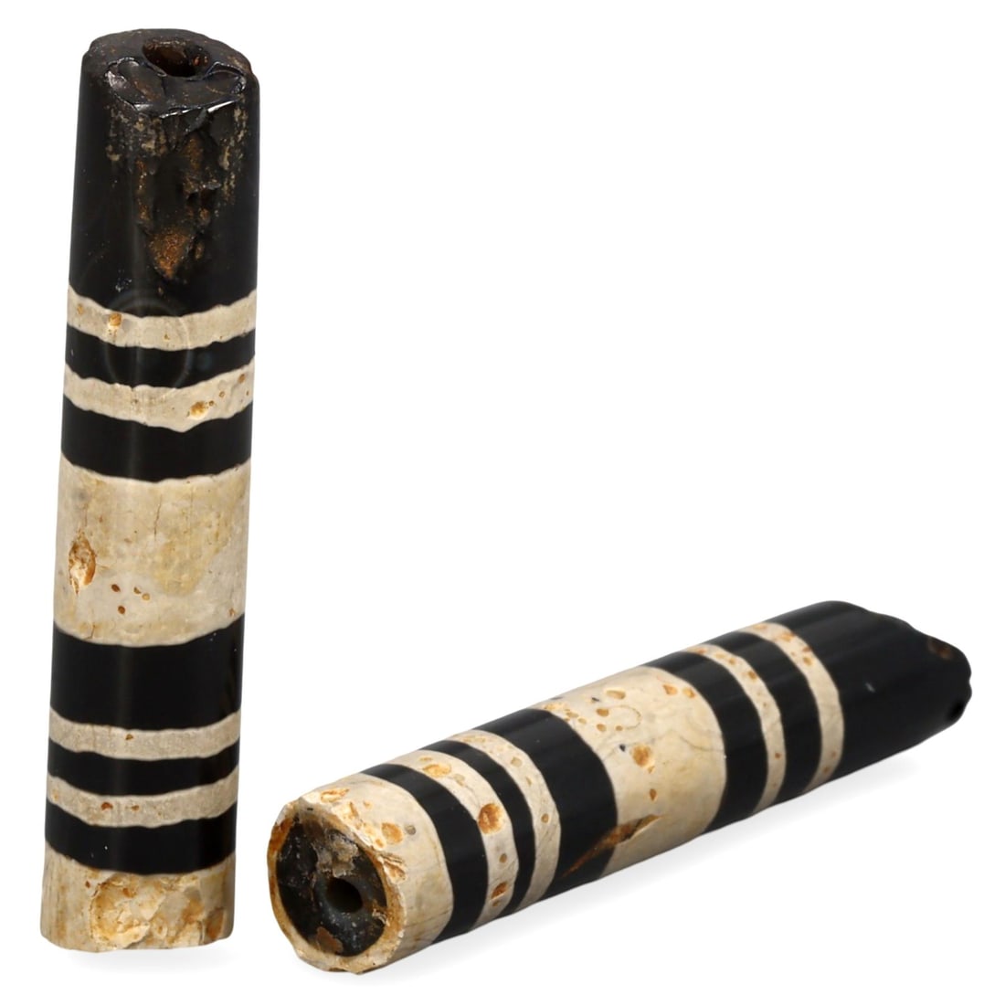 Lot of 2 Sino Tibetan Cylindrical Striped Beads: [No Reserve] Hi everyone, I am Mark, curating this special World’s Beads Treasure Hunt for UNICEF. Every lot starts at just $15 with no reserve, no matter the cost. You determine the final price! We