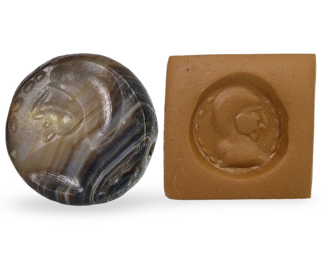 Ancient Greco-Bactrian Agate Stamp Seal Engraved with Soldier Motif, 3rd-1st Century BC: [No Reserve] Hi everyone, I am Mark, curating this special World's Beads Treasure Hunt for UNICEF. Every lot starts at just $15 with no reserve, no matter the cost. You determine the final price! We'v