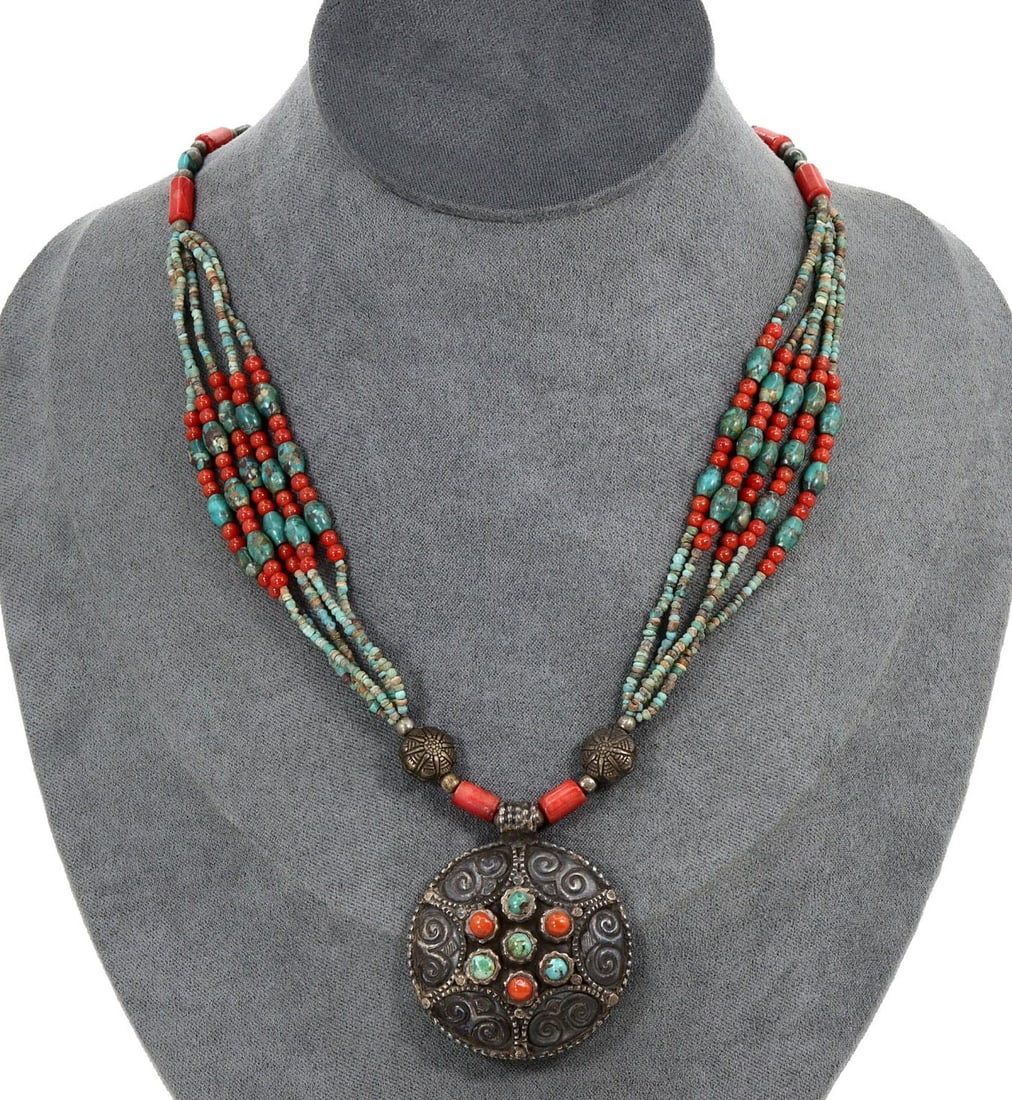 Vintage Tibetan Multistrand Turquoise and Coral Bead Necklace with Ornate Pendant (1 of 2)