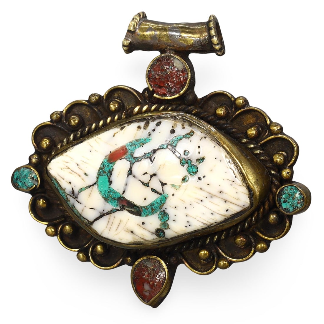 Vintage Tibetan Conch Shell Pendant with Turquoise and Coral Inlays (1 of 2)